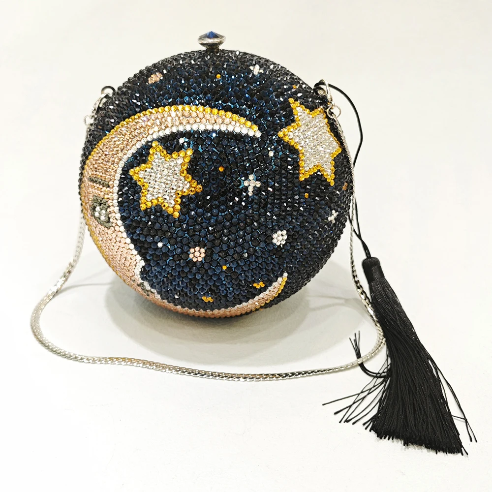 Moon Star Rhinestone Evening Clutches Bags Round Pattern Women Crystal Mini Minaudiere Tassel Lady Diamond Party Blue Purses