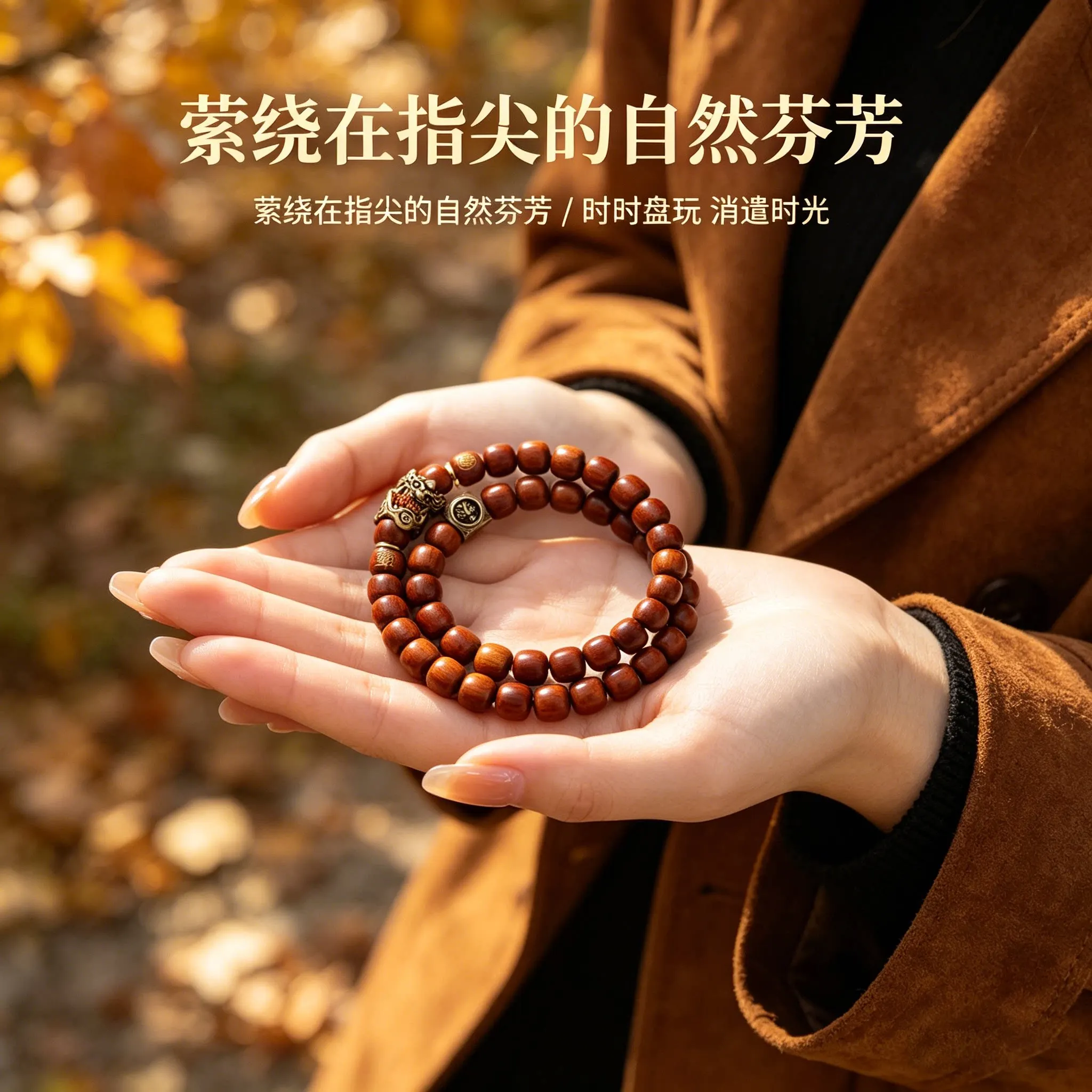 Chinese Style Lucky Thunder Struck Jujube Wood Pixiu Bracelet Brass Four Divine Beasts Double Layer 10*9 Barrel Bead Unisex Weal