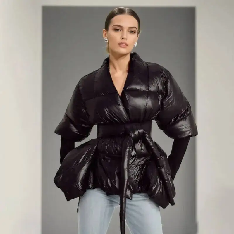 

New Design High Street Parkas For Black V Neck Slimming Long Sleeve Spliced Lace Up Irregular Hem Winter Women Clothing