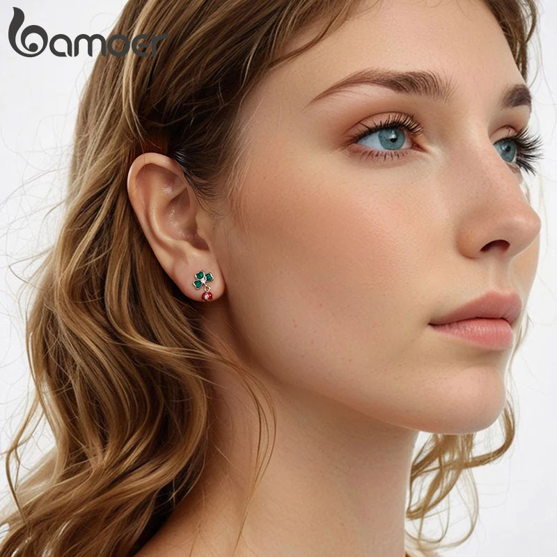 Bamoer 925 Sterling Silver Four Leaf Clover Stud Earrings Luck Spring for Women Girl Wedding Fine Jewelry Gifts