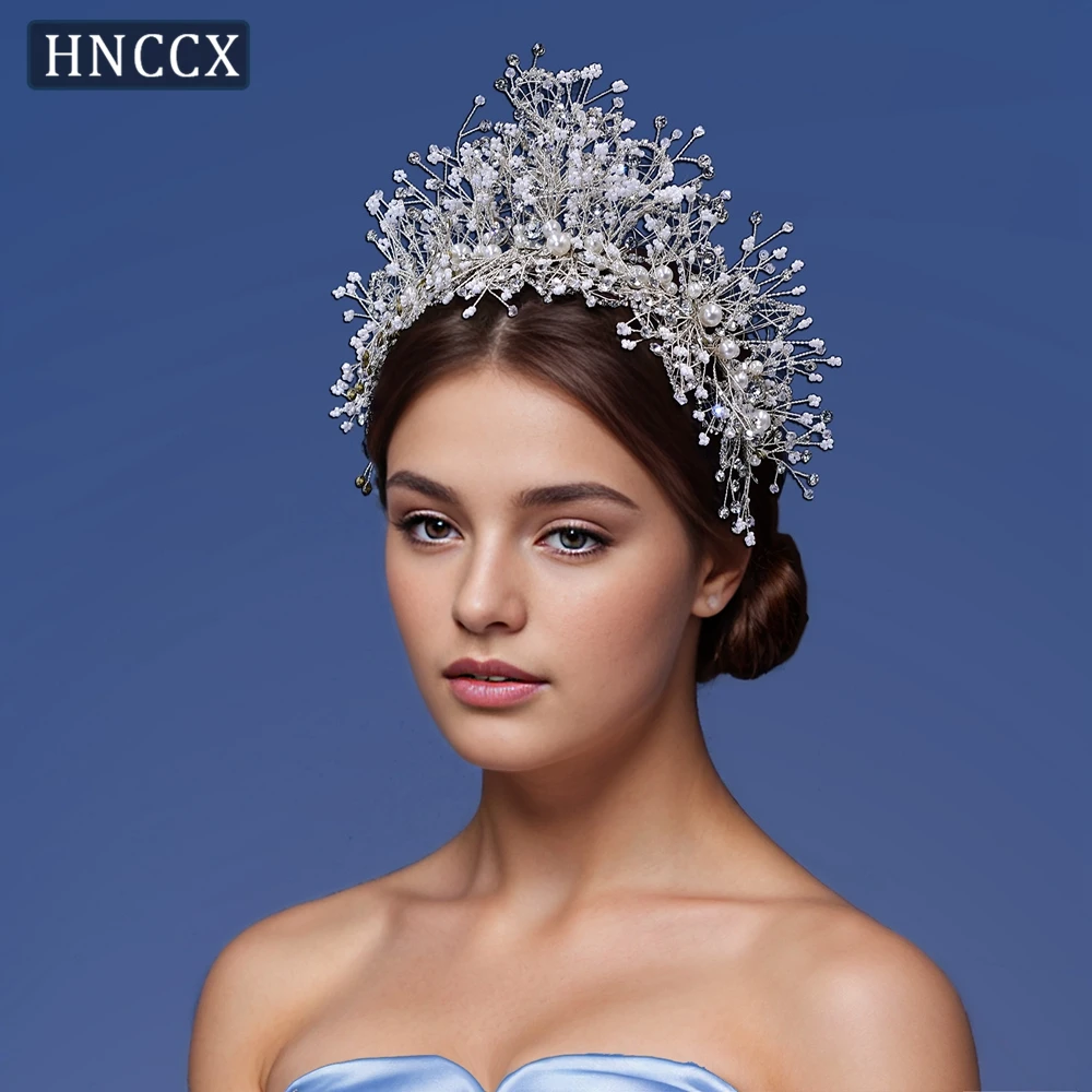 

HNCCX Wedding Beaded Crowns Headdress Bridal Tiara Headband Pearl Bride Headwore Women Hair Accessories for Pageant CP245