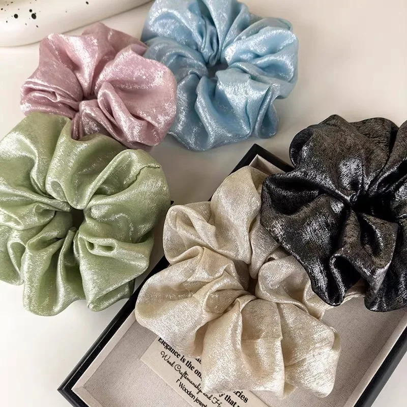 Elegant Shiny Bright Silk Scrunchies Pink White Oversized Hair Ties Rope Lazy Low Ponytail Holder Women Student Girls Hair Bands