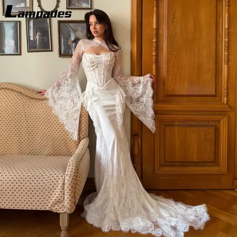 Customized Corset Bodice Lace Party Dress White Mermaid Long Train Formal Evening Prom Quinceanera Wedding Gown For Women