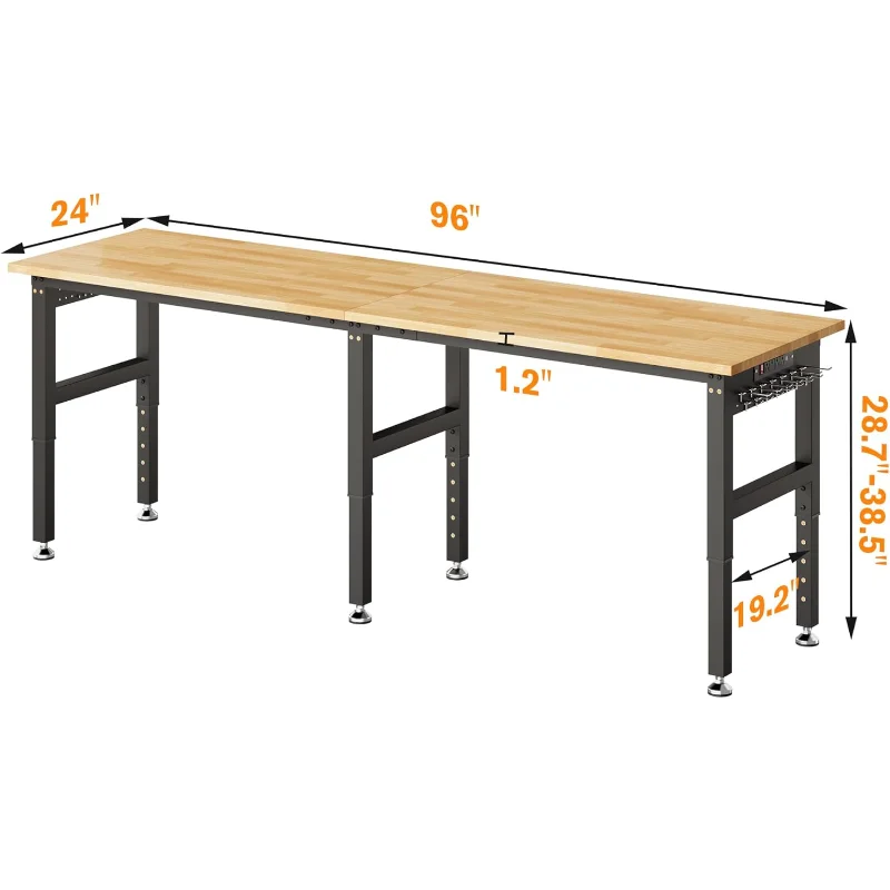 96“ Adjustable Heavy Duty Workbench with 4 AC Outlet and 2 USB Ports Power Outlets, 5000 Lbs Capacity, Rubber Wood Top