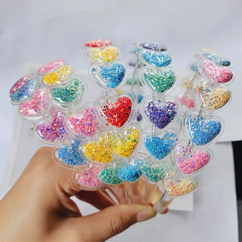 Transparent Quicksand Heart Headbands Cartoon Glitter Sequin Hairbands for Children Kids Bezel Hair Hoop Girls Hair Accessories