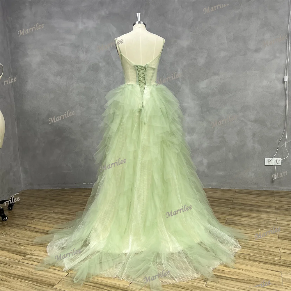 Marrilee Princess Mini Green Ruffles Tulle Prom Dress Korea Lady Lavender Strap Long Evening Gowns Formal Bride Party Woman 2024