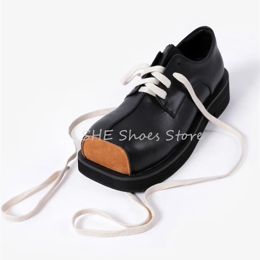 

Retro Square Toe Chunky Bottom Women Loafers Fashion Design Mixed Color Big Head Derby Shoes Ladies Leisure Leather Shoes