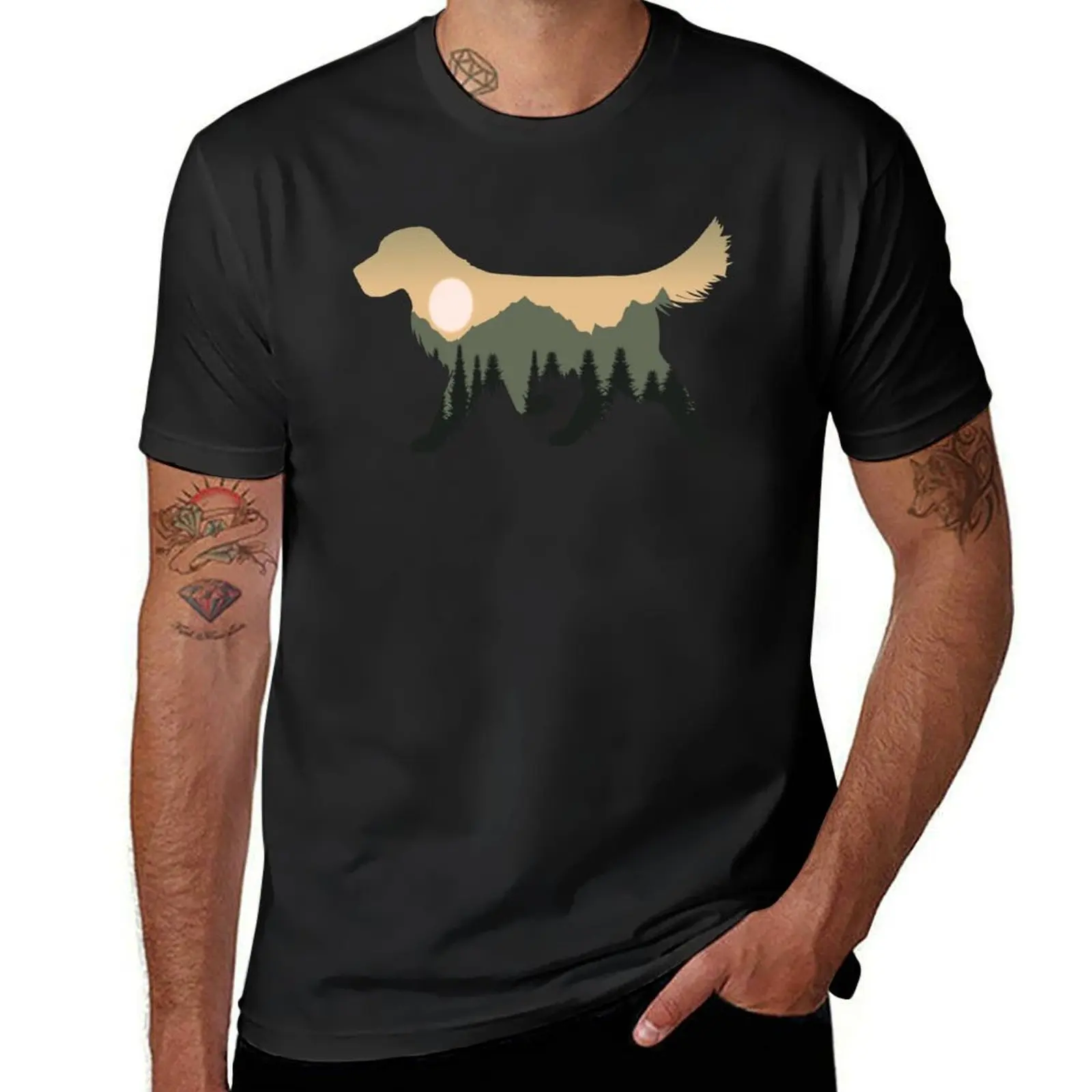 

golden retriever dog forest mountain sunset gift T-Shirt new edition cute tops hippie clothes heavyweights Men's clothing