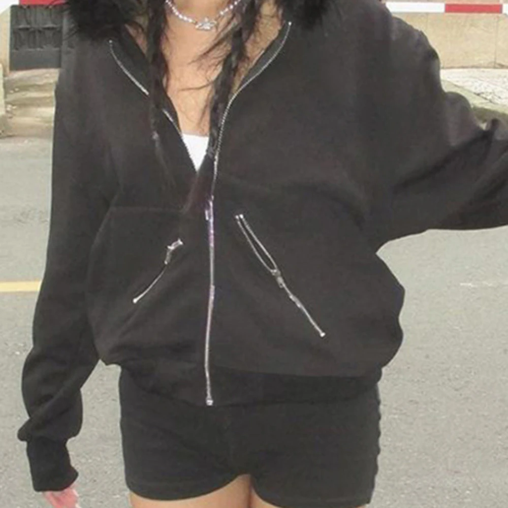 Donkere stijl grote bontkraag capuchon loszittende casual trui jas dames trendy rits modieuze nieuwe top Y2K