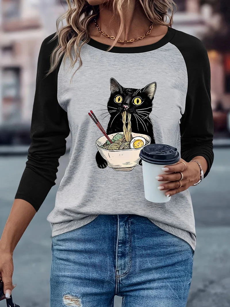 Funny Trendy Japanese Style Ramen Cat Casual Long Sleeve T-shirt Kawaii Cat Winter Autumn Graphic Long Sleeved T Shirt Woman