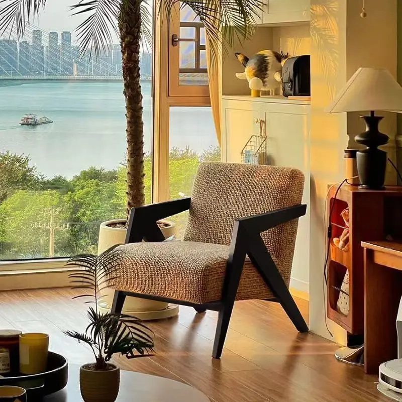 Solid Wood Living Room Single Sofa Chair Leisure Retro Balcony Coffee Shop Antique Style Designer Lazy People's Dormitory Chair