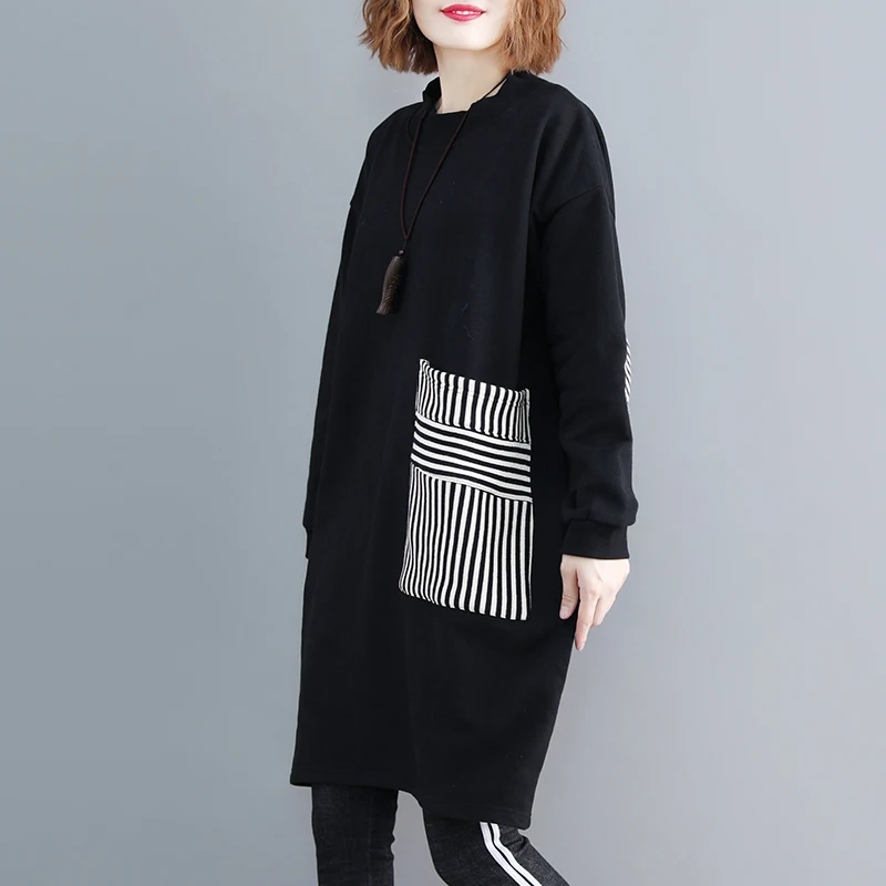plus Size Hoodie Slimming Medium Length Patchwork Thiened Fce Women's Artistic Spring Faion Striped Splice Trendy Swea...