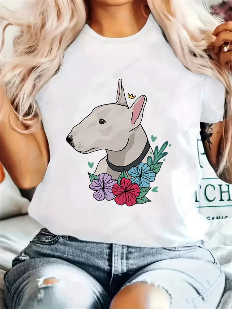 レディースTシャツ ブルテリアプリント クルーネックTシャツ ヴィンテージTシャツ 女性用Tシャツ Y2Kトップ 半袖トップ カジュアルTシャツ