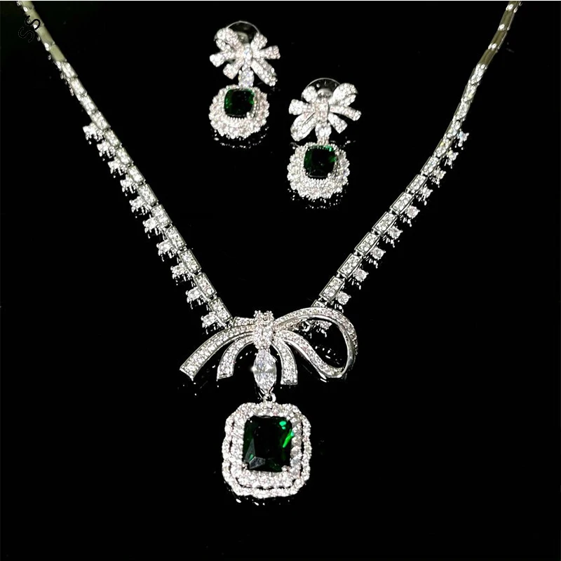 3 Pieces Jewelry Sets Series Gemstone Pink/Red/Green Zircon Necklace Earring and Open Ring for Clothing Accessory