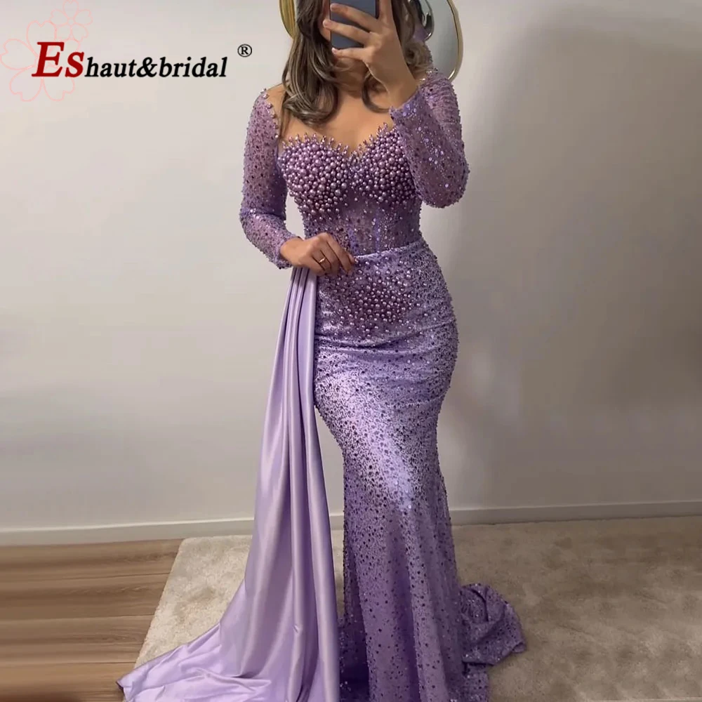 Elegant Lilac Araibc Pearls Evening Dresses for Women 2024 O Neck Long Sleeves Mermaid Formal Prom Wedding Party Gown Customized