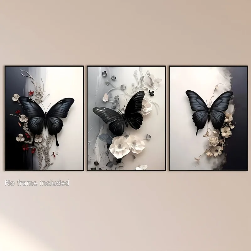 3pcs Butterfly Canvas Wall Art Prints,Black White Floral Painting Reproductions,Waterproof Canvas Decor for Living Room,Kitchen