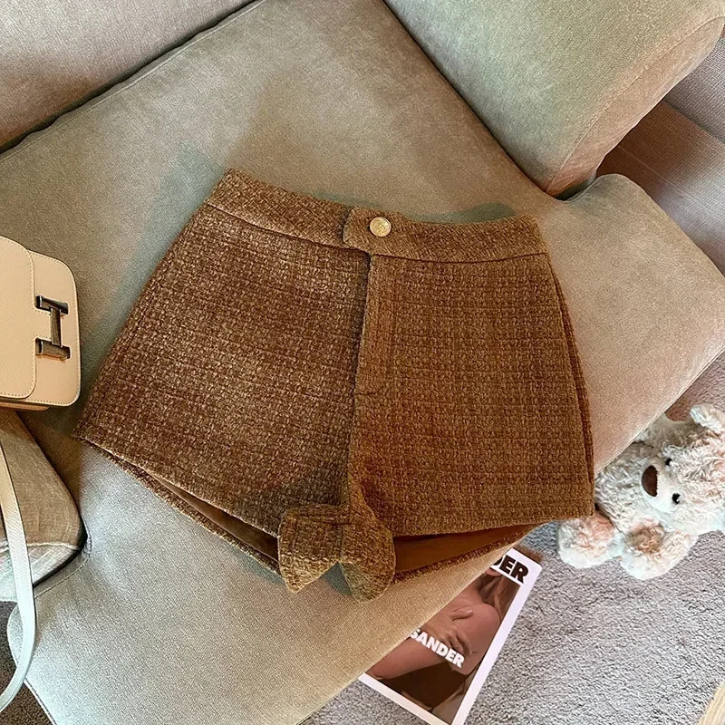 Shorts en tweed taille haute pour femmes coréennes, pantalons décontractés pour dames de bureau, pantalons trapèze, mélange tout match, jambe large, nouveau, Y2K, été