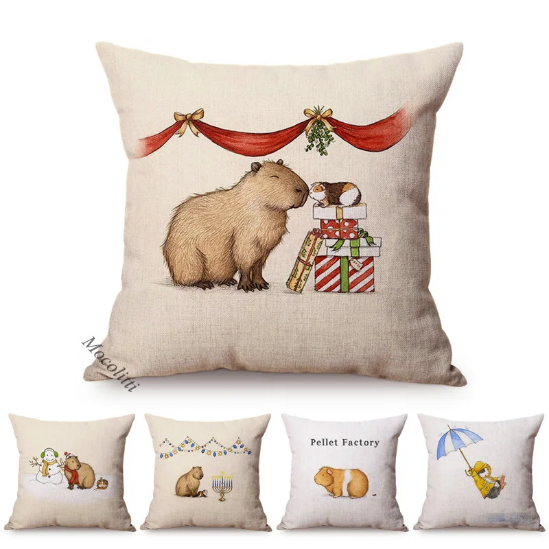 Cute Cartoon Christmas Decorative Sofa Throw Pillow Case Lovely Guinea Pig Friendly Greetings Cotton Linen Square Cushion Cover