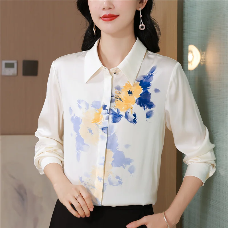 

Элегантная женская рубашка с цветочным принтом, формальные атласные шелковые рубашки с длинным рукавом, модные повседневные весенние блузки, роскошные камуфляжные размеры S-3XL