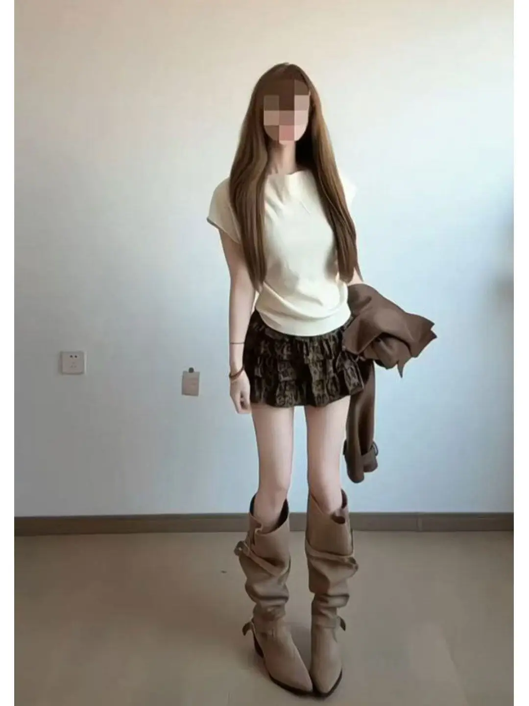 Slimming Leopard Print  Skirt Women's Spring Super Beautiful Suede Lace Hem Cake Half Skirt High Waist Asymmetrical