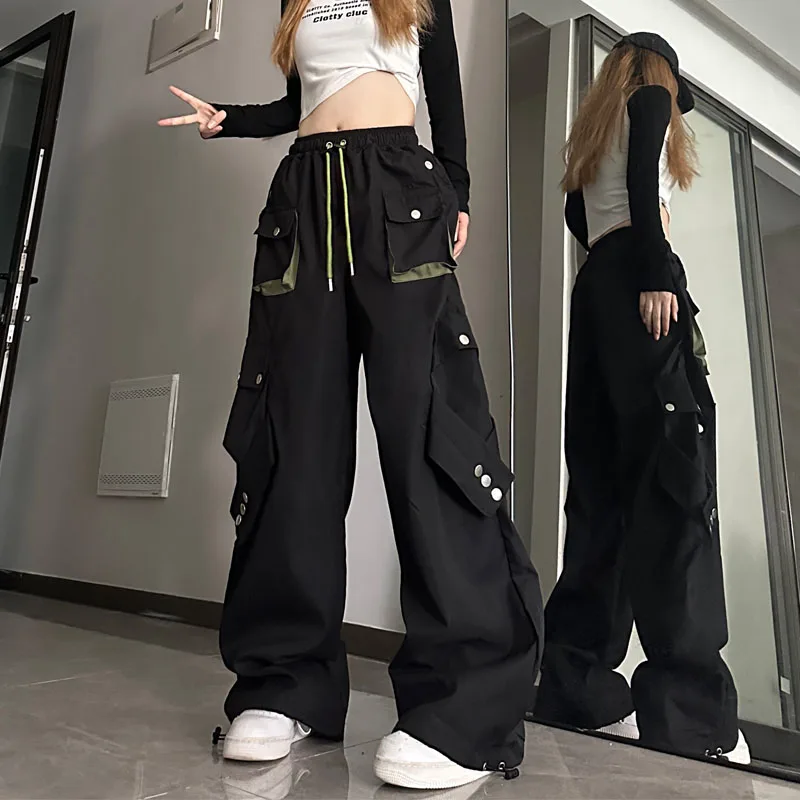 

New American Style Cargo Pants Women Splicing Color Collision Design Sense Pockets Thin Versatile Straight Wide-leg Pants Female