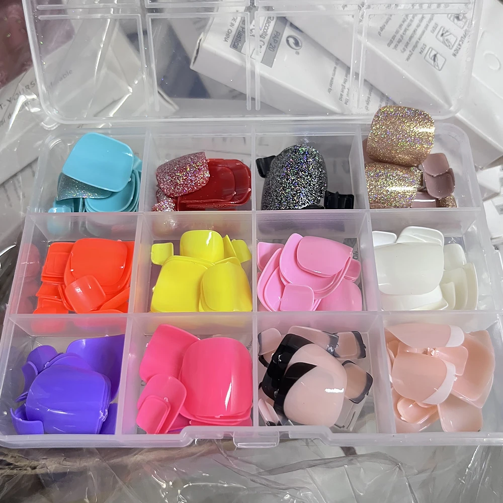 24*12=288 sztuk czarny laserowy brokat sztuczne paznokcie błyszczące laserowe złoto/francuski owalne krótkie kwadratowe sztuczne paznokcie mieszane naciśnij na paznokcie