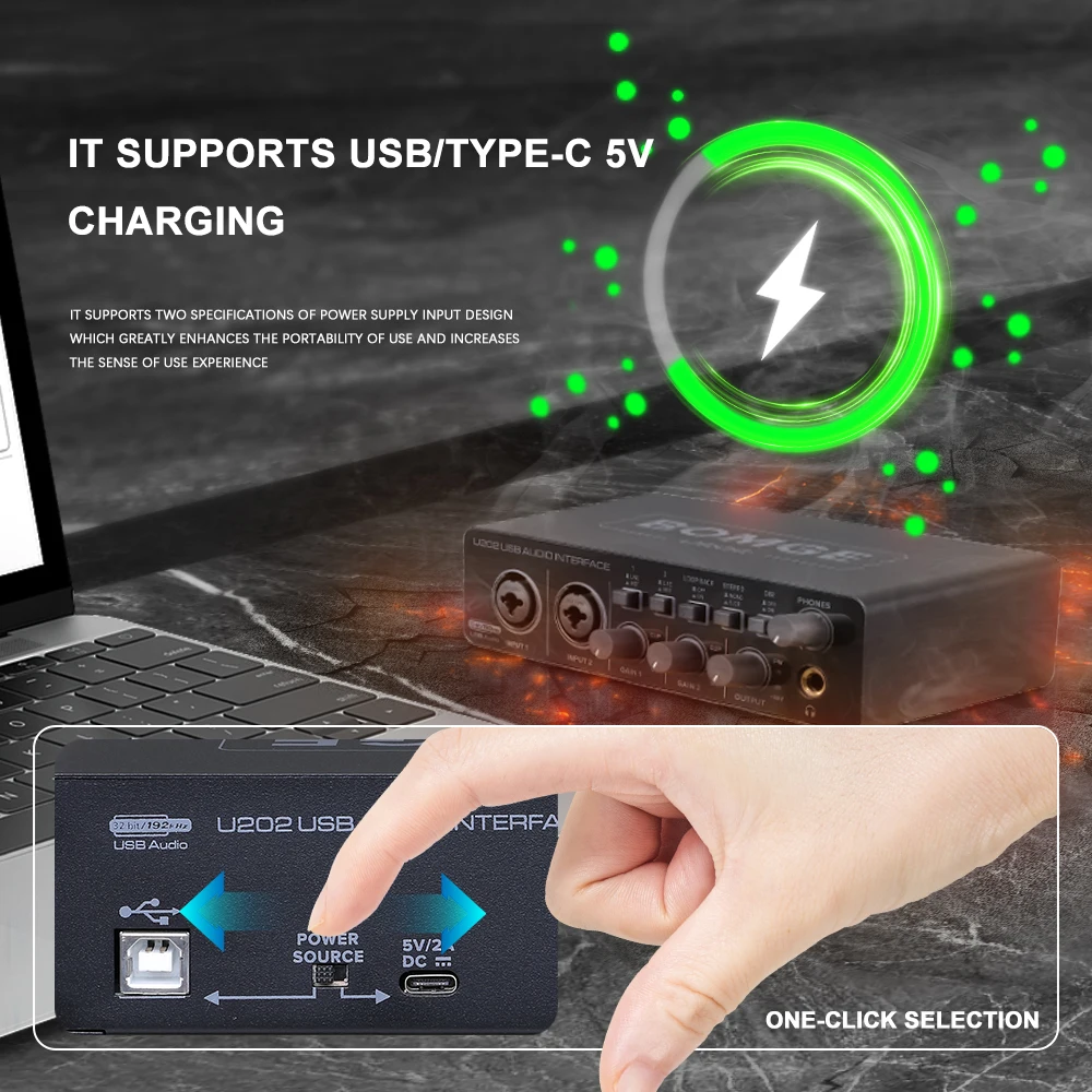واجهة صوت USB BOMGE U202 مع منافذ Micro Preamplifier XLR/TSR/TS، دقة 48 فولت، 32 بت/192 كيلو هرتز لتسجيل الكمبيوتر والبودكاست