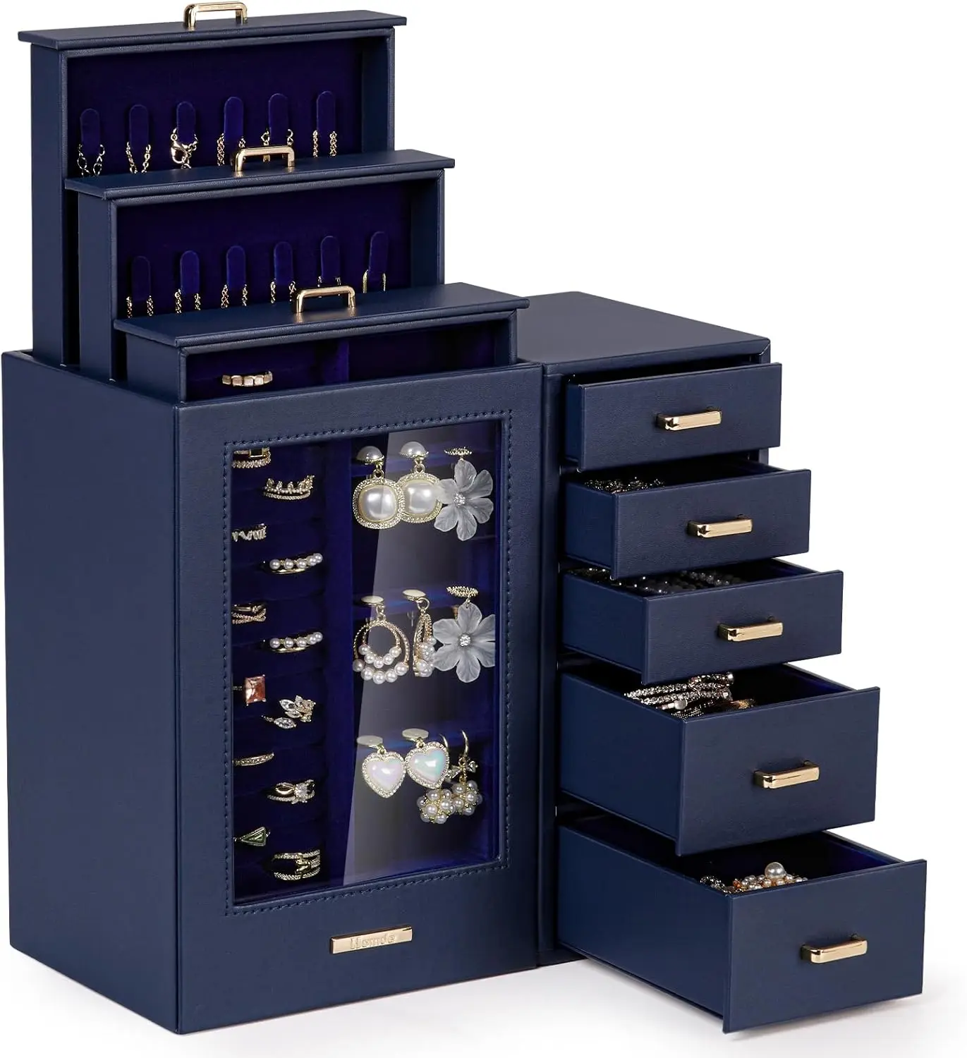 

Большая шкатулка для драгоценностей/органайзер/футляр со стеклянным окном, ящики для ожерелий, серег, колец, браслетов, часов, подарок