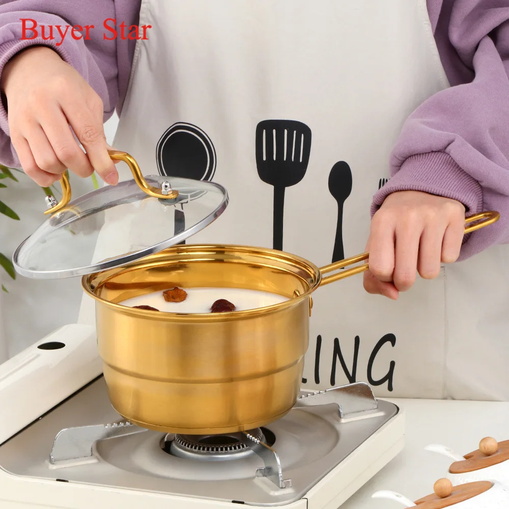 1L Stainless Steel Milk Pot with Handle Glass Cover Non-stick Small Noodle Soup Pan Steamer Multi-purpose Cookware