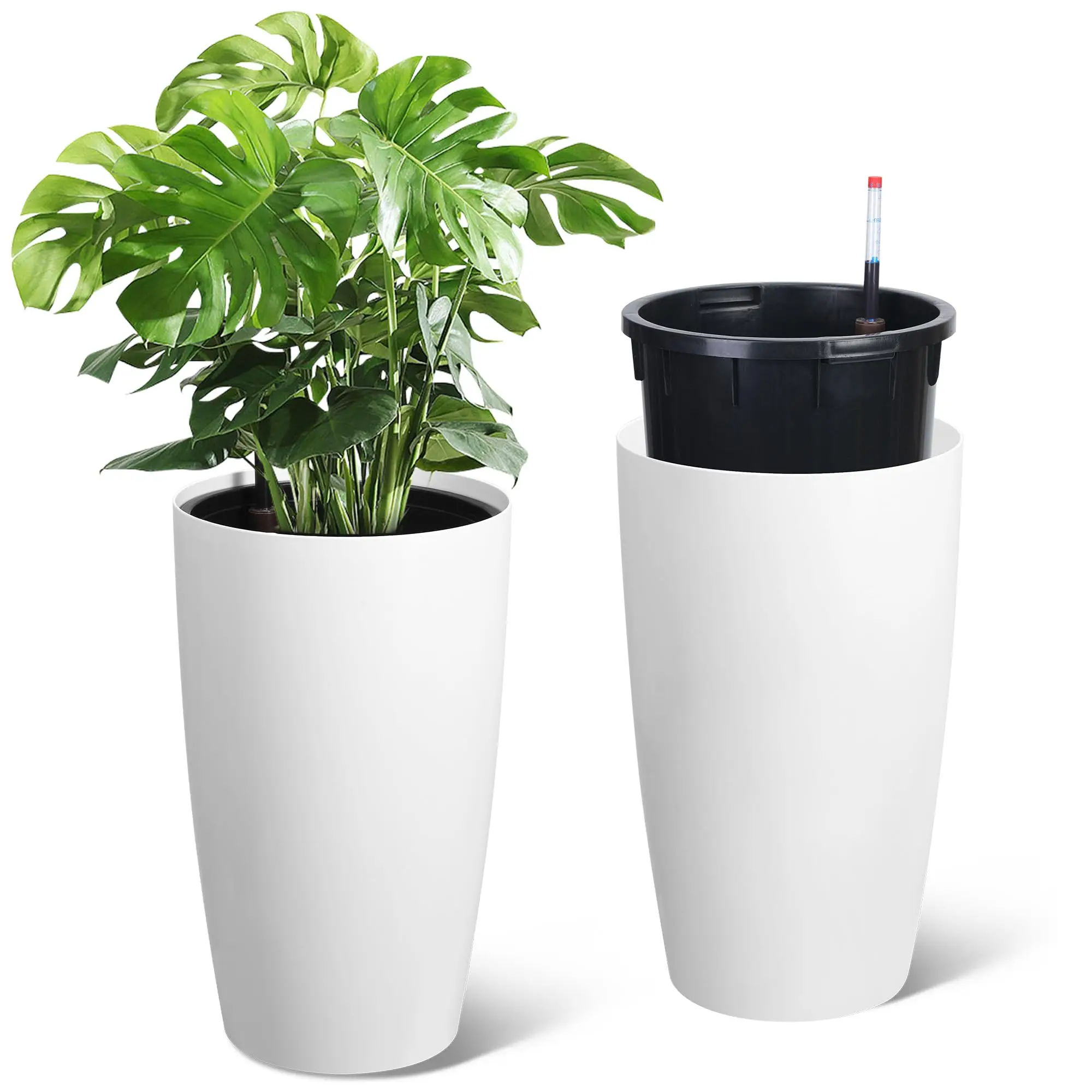 21.5 Inch Tall Self Watering Planters Set Of 2 With Water Level Indicator, Inner Buckets, Large Indoor Outdoor Pots For Patio Porch