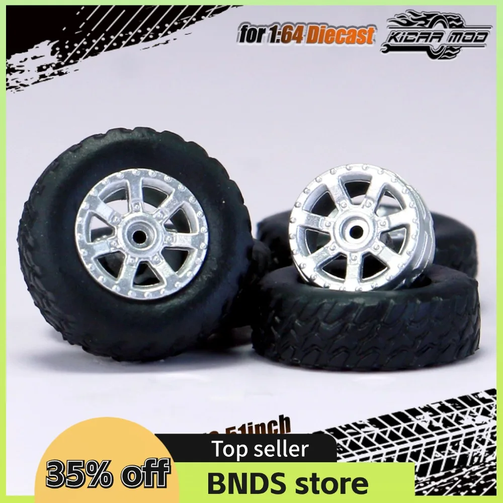 Kicarmod 1/64 Model Car All-Terrain Wheels with Rubber Tire Rivet Axle Diameter 13mm Refitting Parts For Off-Road Hot Wheels