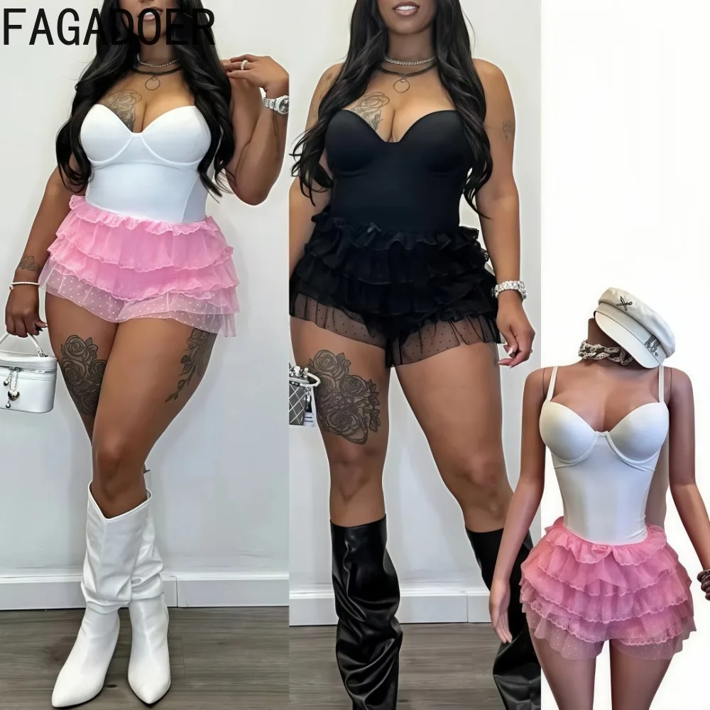 

FAGADOER Sexy Bodysuits Two Piece Sets Women V Neck Spaghetti Strap Slim Bodycon And Lace Ruffle Mini Skirts Outfits Streetwear