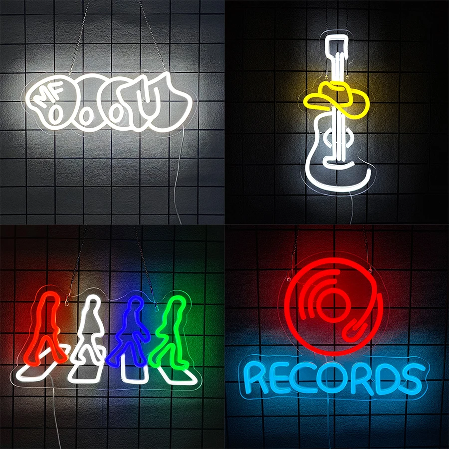 علامات النيون من سلسلة الموسيقى، أيقونات الجيتار والتسجيل، تستخدم لغرفة الموسيقى، والتسجيل المباشر، والحفلات، والمقهى، وديكور البار، وهدايا عيد الميلاد. #1
