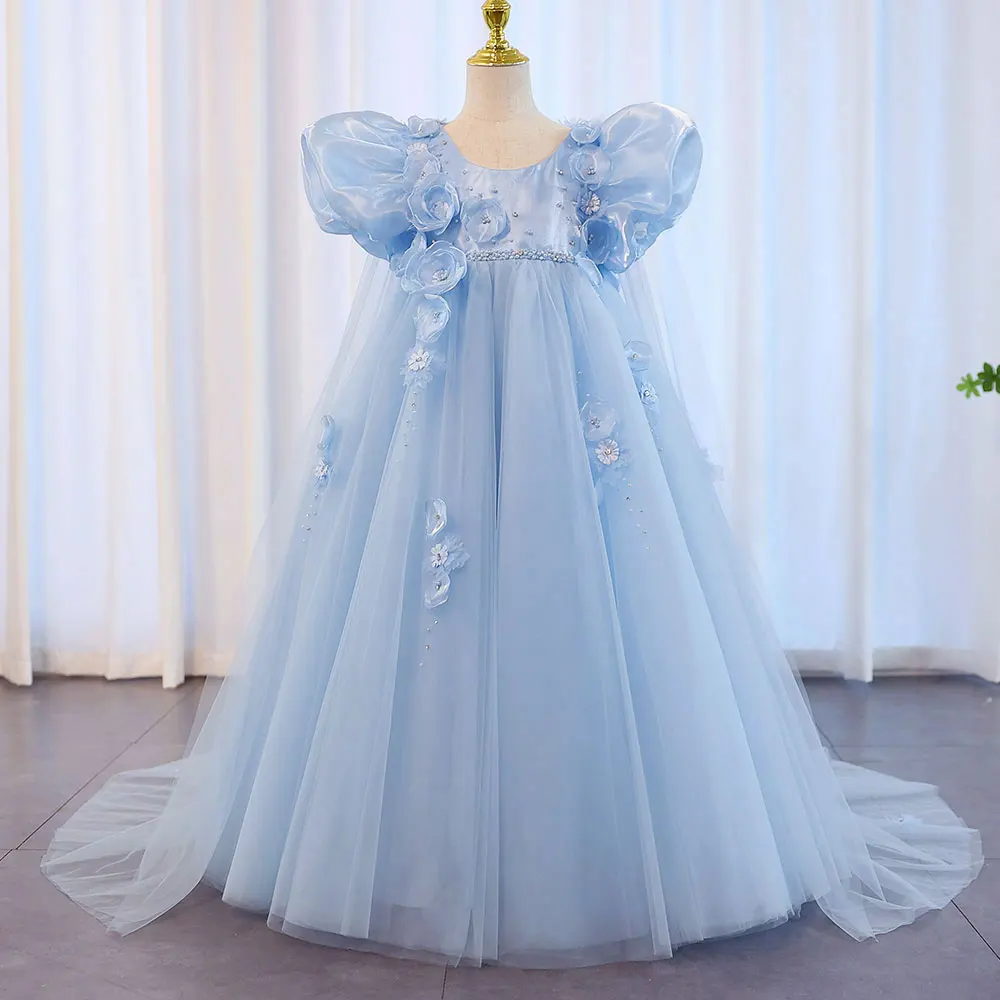 Dreamy Vow Sky Blue Arabic Flower Girl Dresses Crystal with Cape 3D Flowers Puff Sleeves for Kids Wedding Birthday Party J098