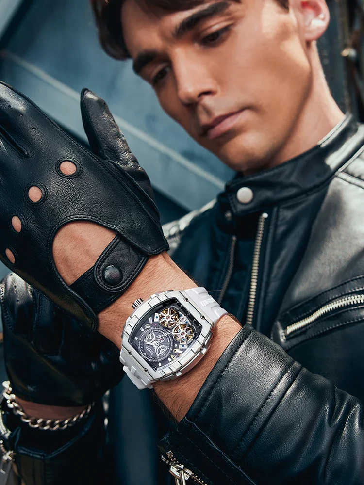 

48MM Carbon fibre Men's Automatic Watch Luxury Watch Install Automatic Mechanical Movement Transparent Back Cover Sports Watches