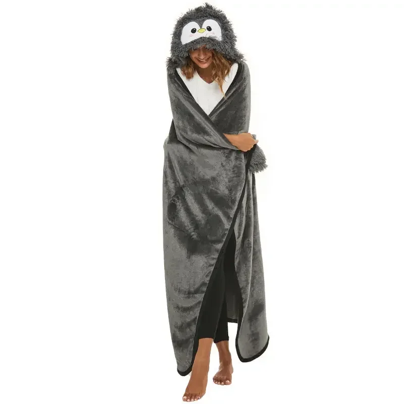 Winter Warm Hooded Blanket with Gloves Cute Cartoon Animal Sloth Penguin Panda Household Flannel Fluffy Wearable Hoodie Blanket
