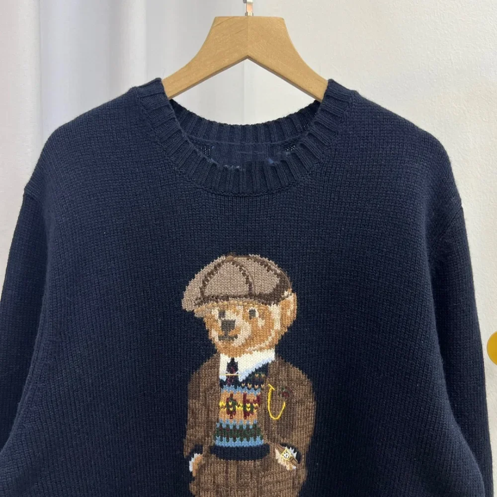 New cartoon teddy bear round neck pullover for spring 2024, college age reducing versatile wool sweater, unisex