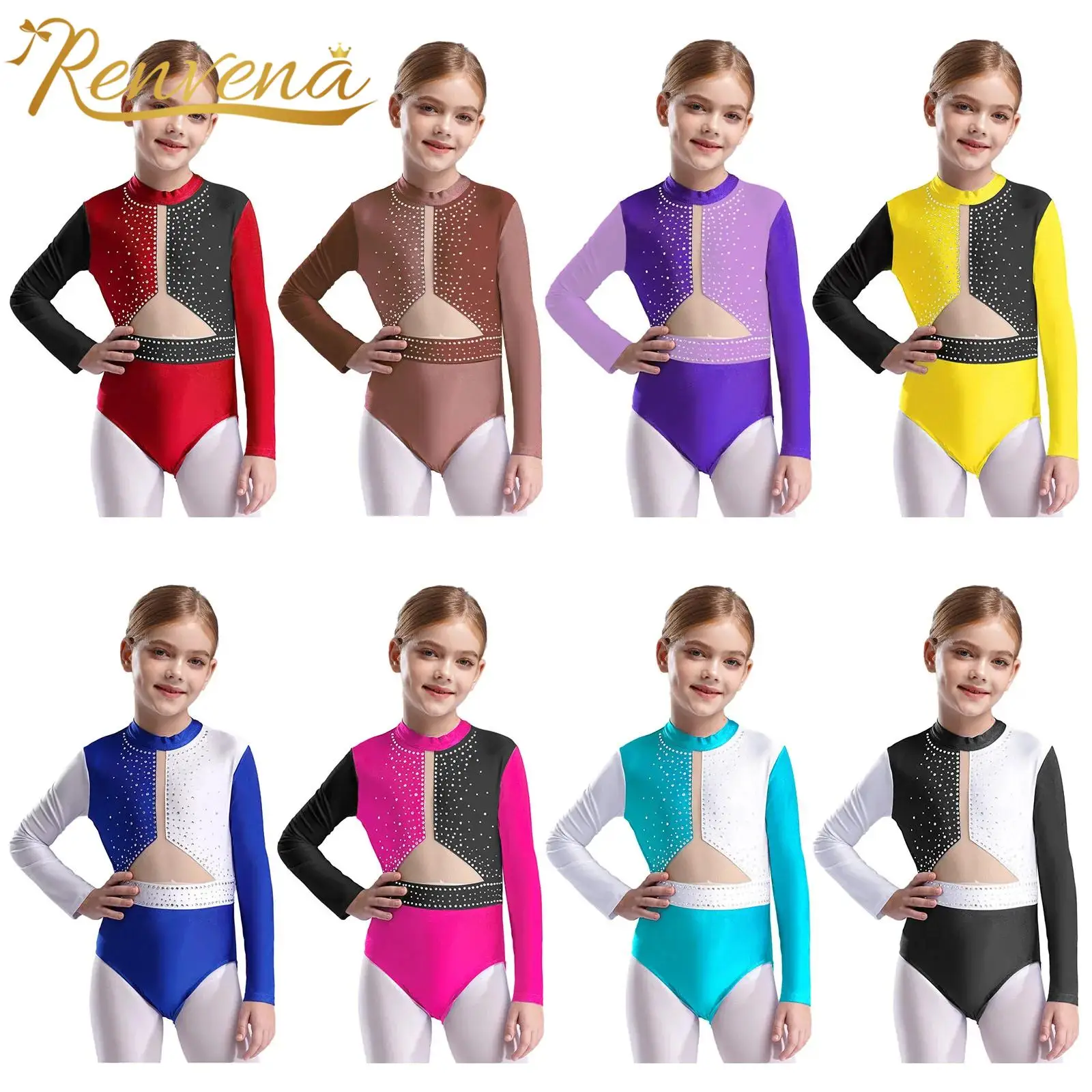 Children's Gymnastics Jumpsuit Girls Long Sleeve Figure Skating Leotard Kids Keyhole Back Color Block Yoga BodysuitDancewear