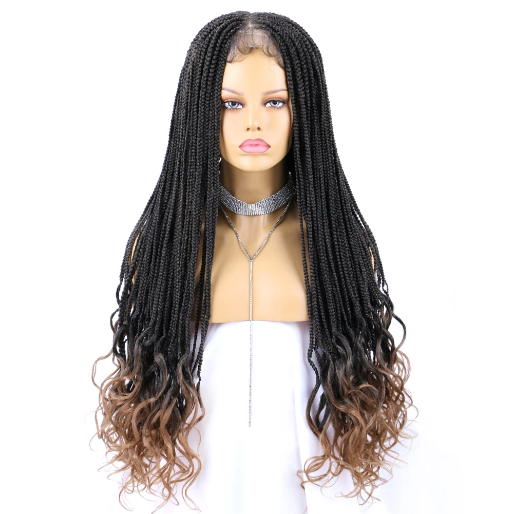 Synthetic Box Braids Crochet Lace Wig with Curly End 32 Inch Ombre Color Synthetic Box Braids Wig Low Temperature Fiber Lace Wig