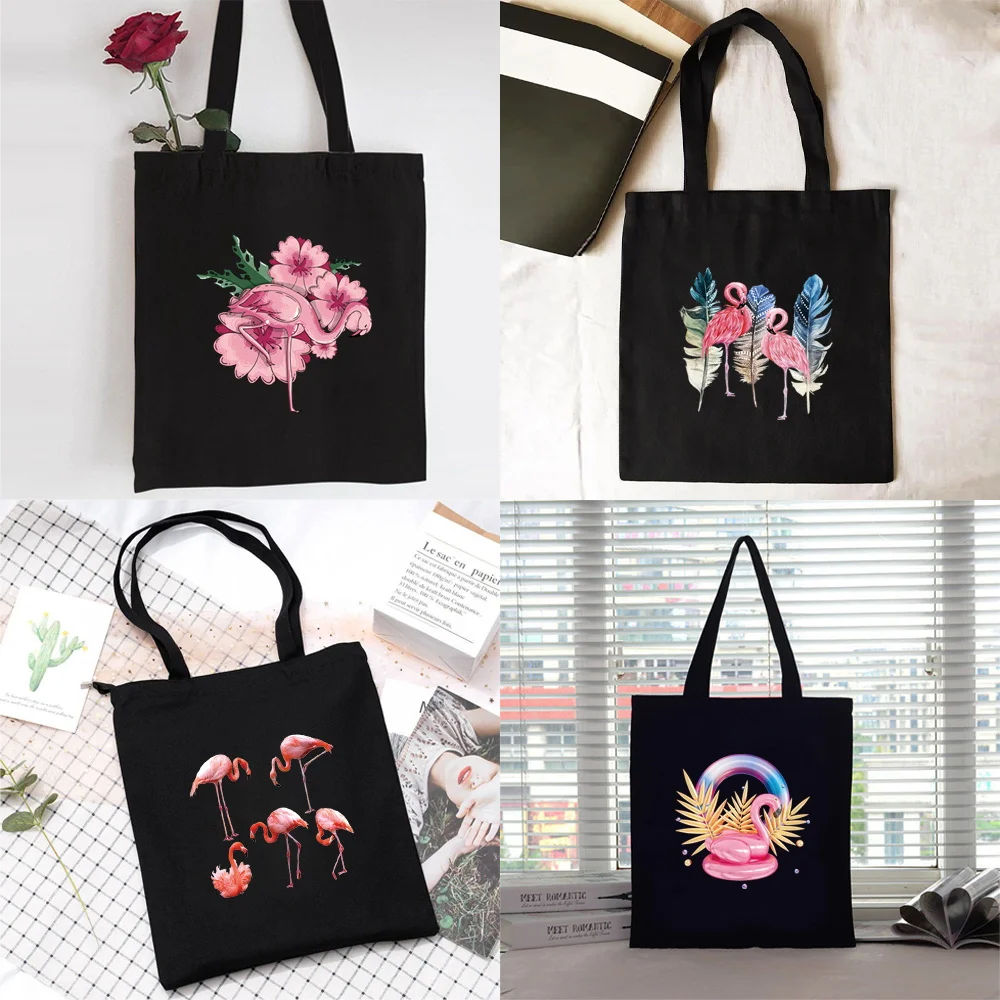 Shopping Bag Women Handbag Shoulder Bag Ladies Shopper Canvas Bag Reusable Commute Large Capacity School Tote Bag Flamingo Print