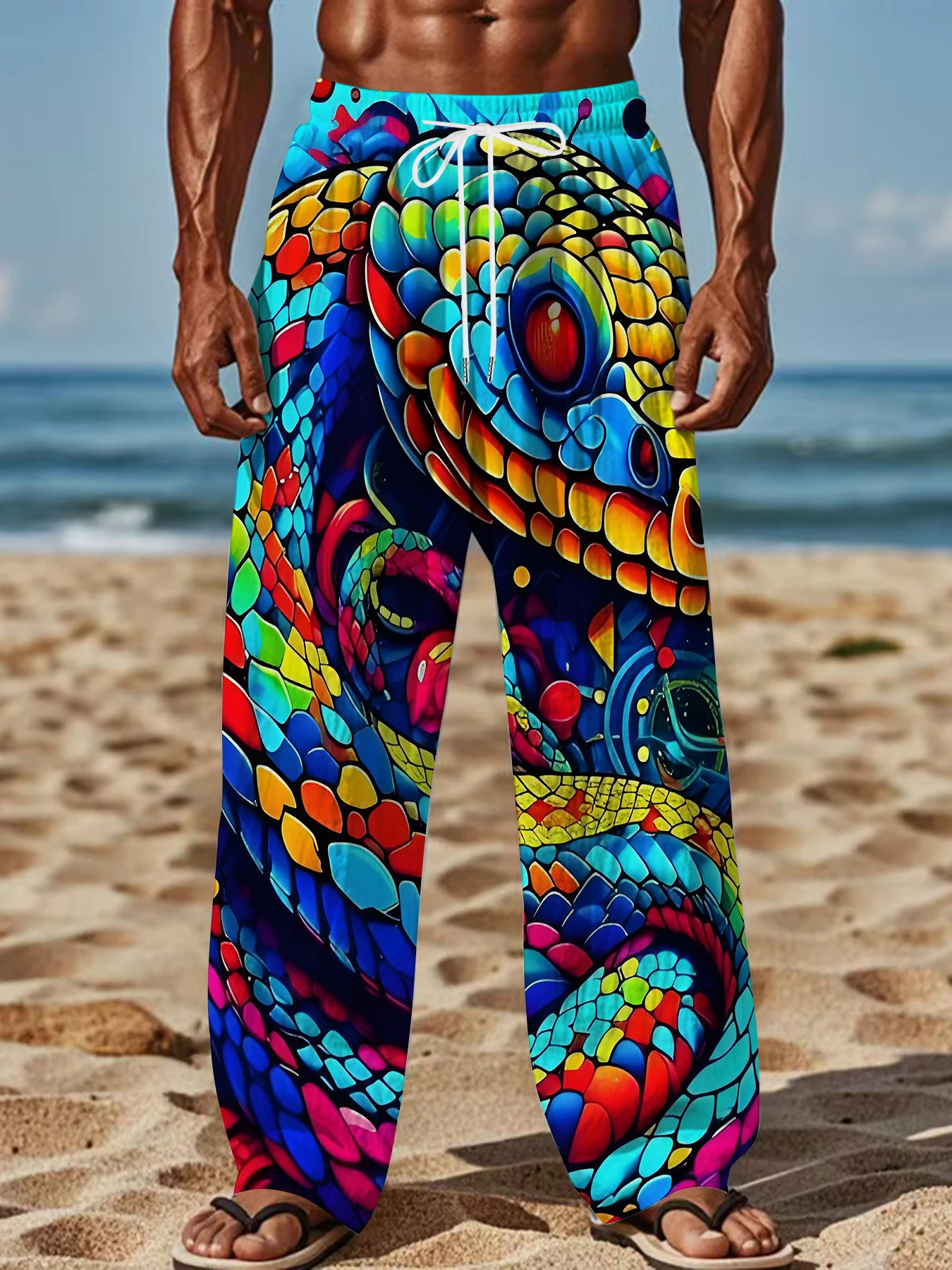 

2026 Men's Printed Straight Leg Pants Abstract Art Red Black Pattern Drawstring Waist Loose Fit Casual Summer Beach Fashion