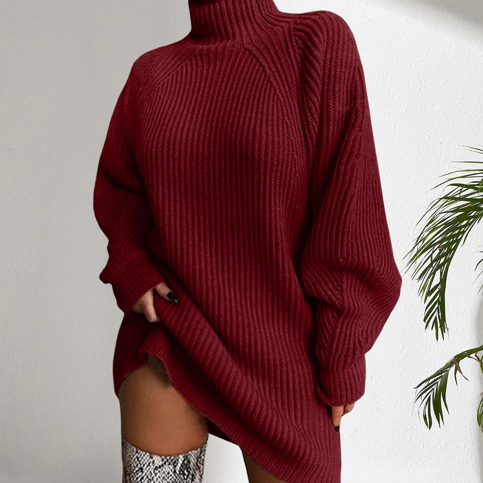 Popular Knee Length Women Winter Knitted Solid Color Pullover Knitting Dress Plus Size Breathable Women Dress Streetwear