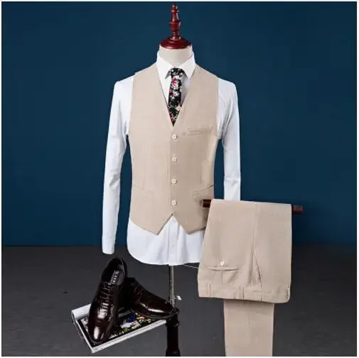 Traje de boda de lino Beige para hombre, Blazer de novio, ajustado, personalizado, 3 piezas, esmoquin de graduación, último diseño, 2024