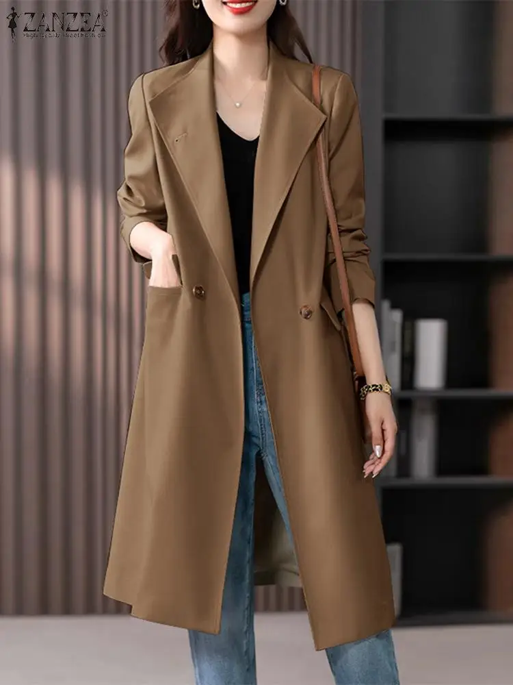 

2023 ZANZEA Fashion Windbreaker Women Autumn Jackets Laple Neck Long Sleeve Blazer Casual Female Work Coats Solid Long Outwear