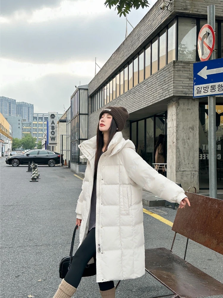 Women's Goose Down Jacket Winter New Mid-Length Hooded Parkas Korean Fashion Y2k Thickened Warm Snow Puffer Coat Outwear