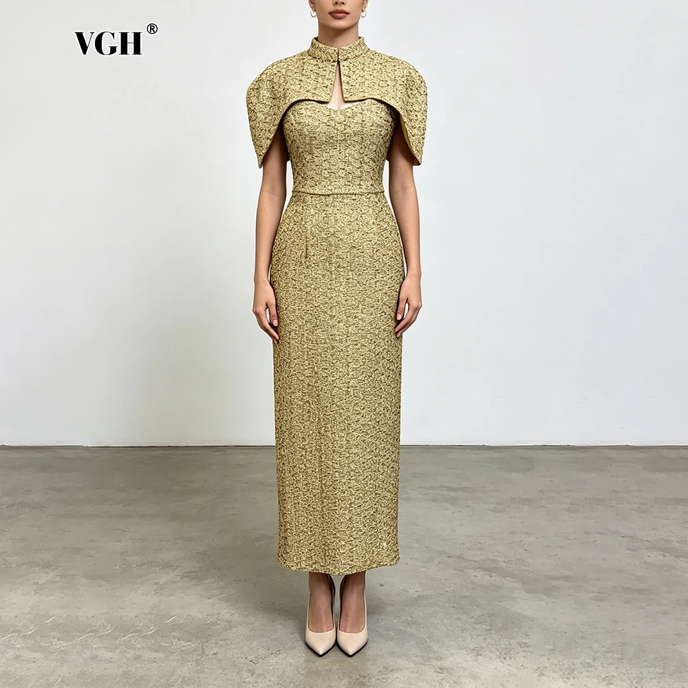 VGH Elegant Two Piece Set For Women Multi Color Tweed Cape Collar Heart Neck Ruched Waist Bodycon Maxi Skirt For Banquet Party