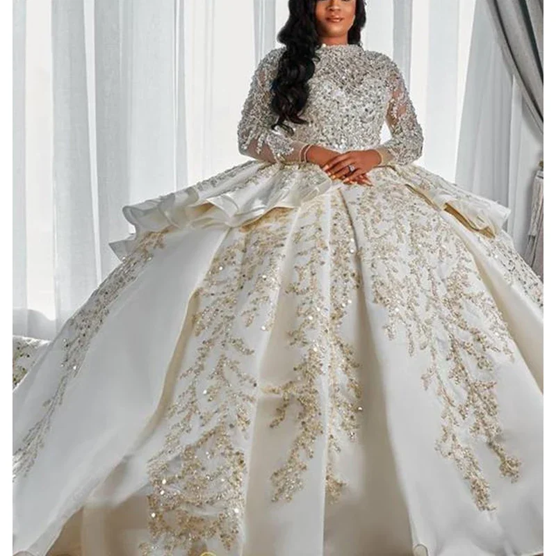 

Customized Romantic Shinny Beads Appliques Ballgown Wedding Dress Sweep Train Illusion Long Sleeve Robes De Mariée Puffy Brid