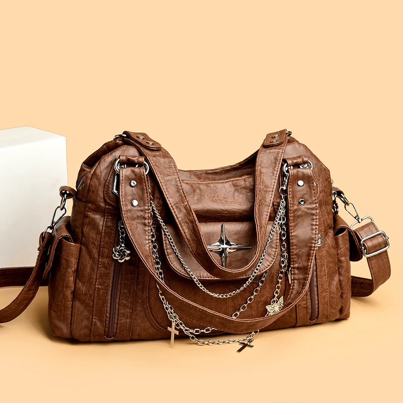 

Женская сумка через плечо в стиле ретро-панк с металлической цепочкой, несколькими карманами, большой вместимостью, из искусственной кожи, с регулируемым ремнем, для поездок на работу и шопинга