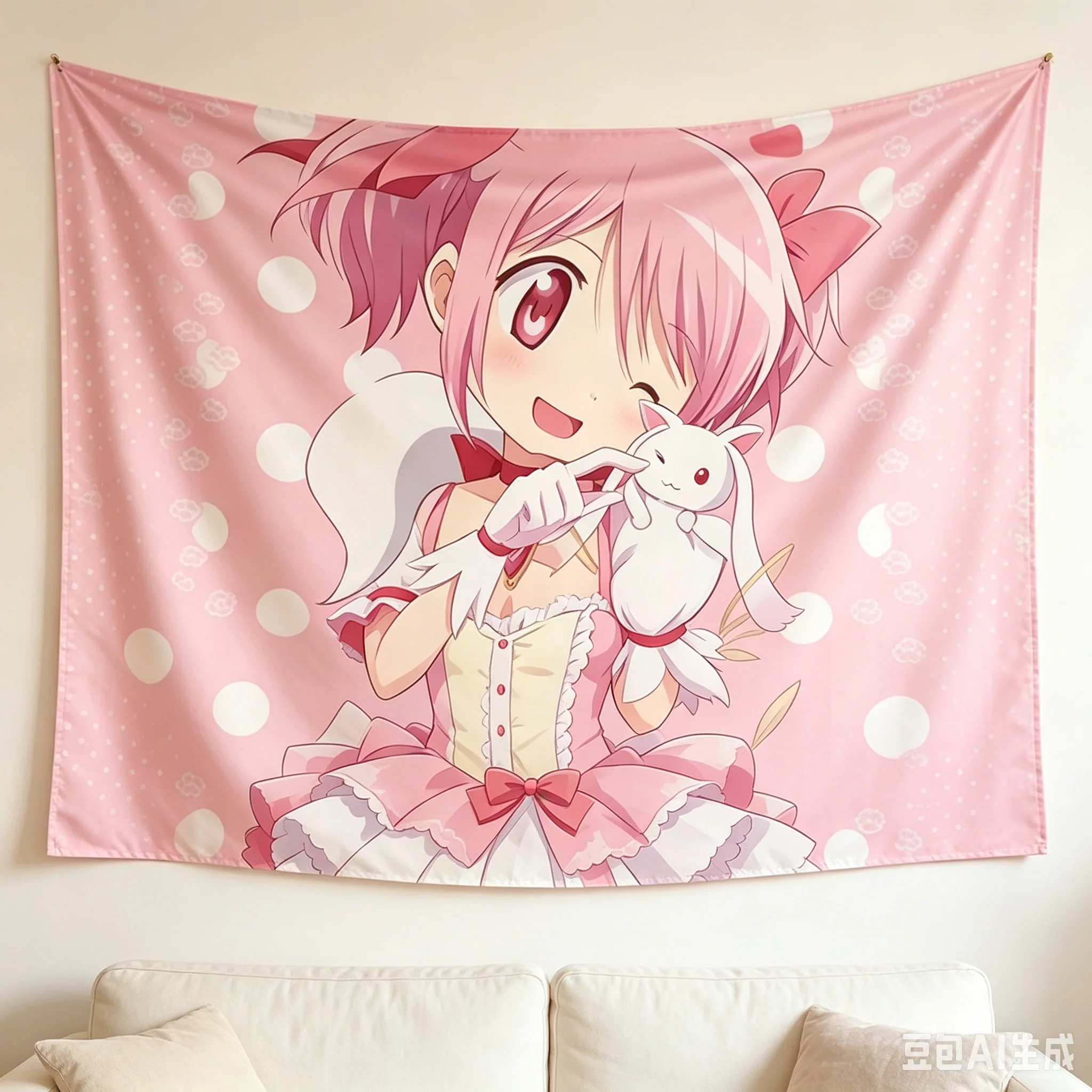 1 Stück Kawaii Pink Madoka Magica Wandteppich, Pastellfarbener Polka-Dot-Druck, coole Zimmerdekoration, große Größe, 2D-Wandkunst aus Polyester, Schlafzimmerdekoration – Detail 2
