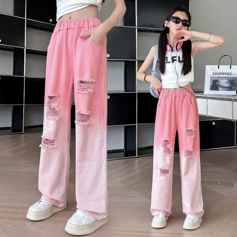 Fashion Child Pink Gradient Jeans for Girl High Street Destroy Denim Pants Kids Designer Broken Ripped Jeans Trousers With Hole